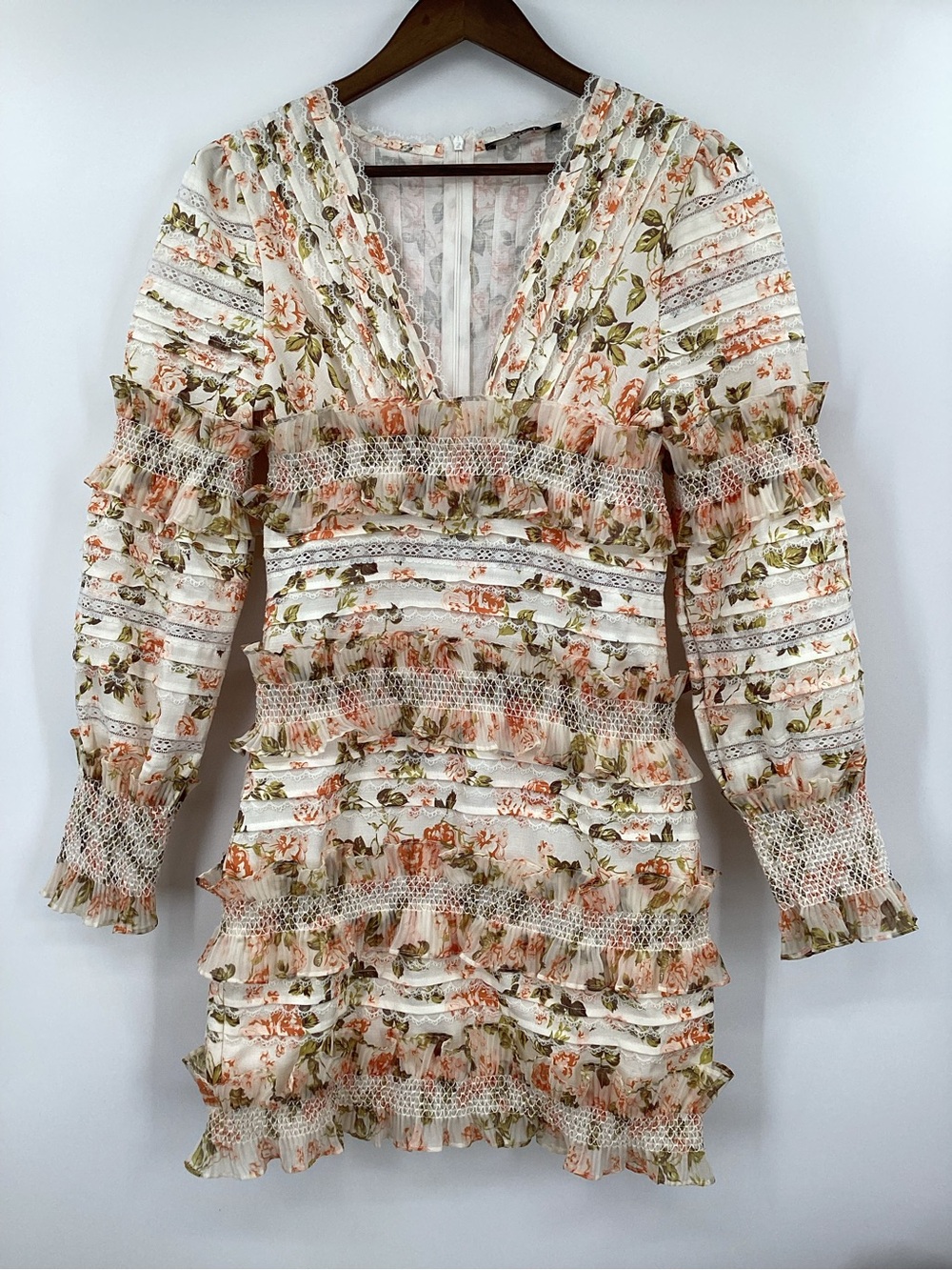 Floral Ruffle Smocked Mini Dress - Cream & Peach